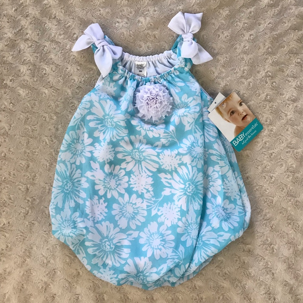 Baby Essentials Bubble Romper Blue White Floral - Picture 1 of 5